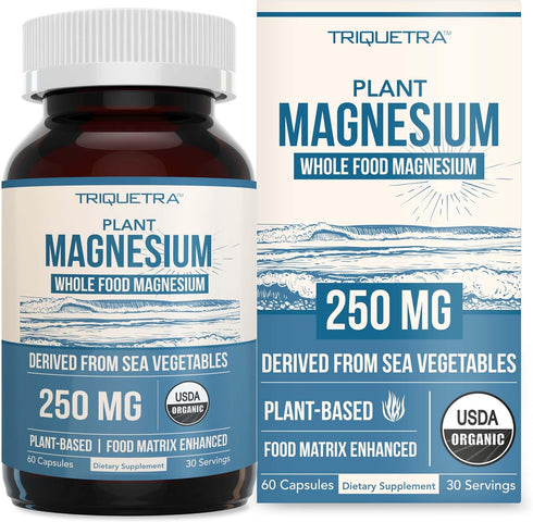 Organic Magnesium | Whole Food Magnesium - Plant-Based, 250 mg per Serving | Gentle on Stomach | 60 Capsules
