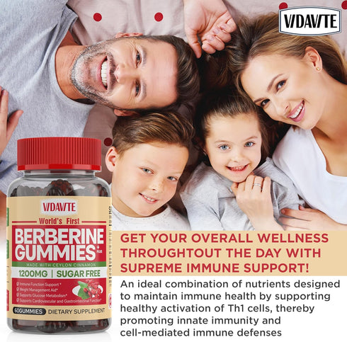 Berberine Supplement 1200mg with Ceylon Cinnamon Gummies — Sugar-free, 98% Pure & 10x Absorption for Weight Loss,