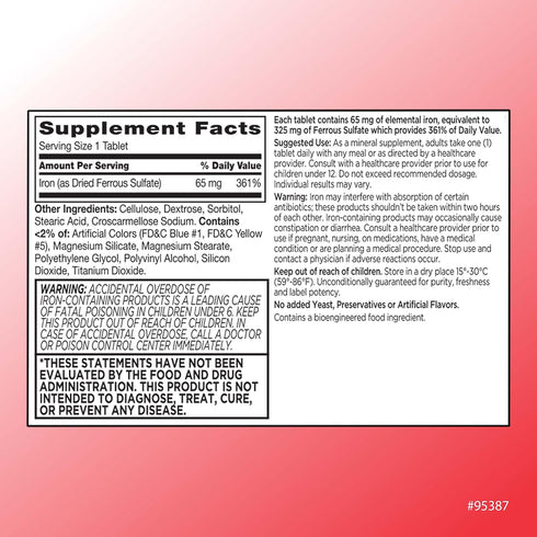 Quality Choice Iron 65 mg (325 mg Ferrous Sulfate) High Potency Iron Support Supplement Tablets in 100 Count Bottles