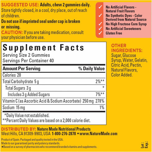 Nature Made Vitamin C 250 mg, Dietary Supplement for Immune Support, 80 Gummies, 40 Day Supply