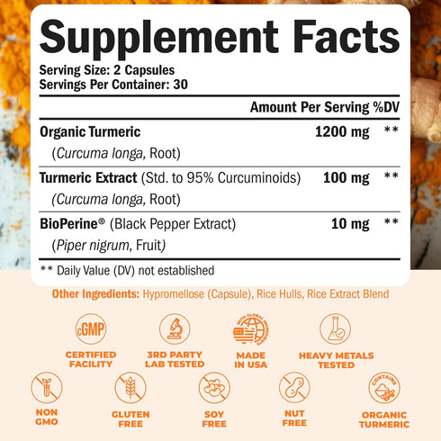 Turmeric Supplement - High Potency Curcumin with 1200 mg Organic Turmeric and 95% Curcuminoids, 60 Capsules