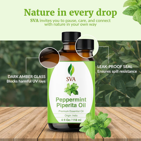SVA Peppermint Piperita Essential Oil – 4 Fl Oz – 100% Natural for Diffuser, Hair Care, Skin Care, Aromatherapy