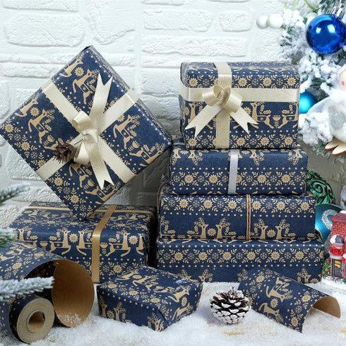 KESTAR 17 Inch 49 (69.4 Christmas Wrapping Paper Roll, Navy Blue Kraft Wrapping Paper, x Feet, Snowflake, Xmas Floral