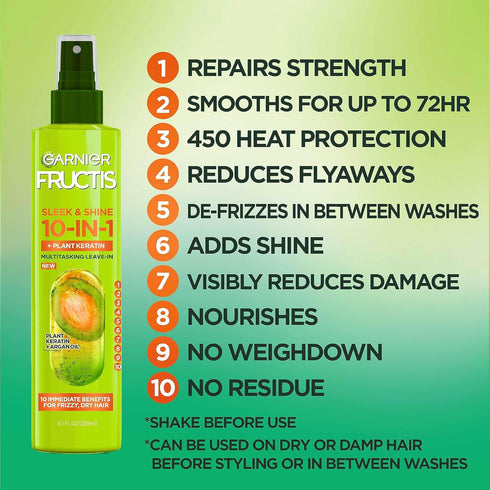 Garnier Fructis 10-in-1 Sleek & Shine for Frizzy, Dry Hair, Plant Keratin, 8.1 Fl Oz