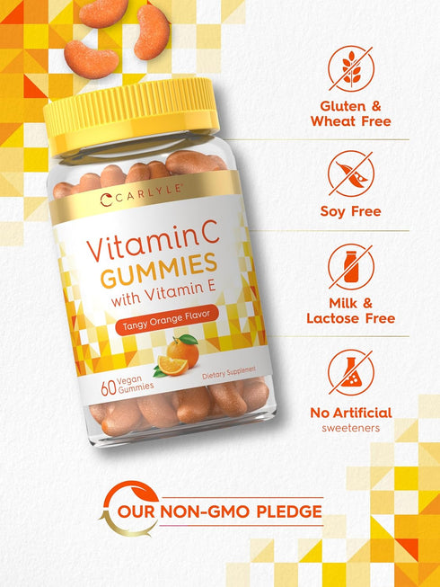 Gummies 60 Count Carlyle Vitamin C | | Orange Flavor | with Vitamin E | Vegan, Non-GMO, and Gluten Free Supplement