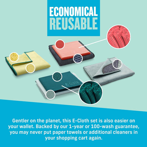 E-Cloth 6-pc Home Cleaning Essentials | Multiple Microfiber Cleaning Cloths for Streak-free Clean Glass, Kitchen, Dust