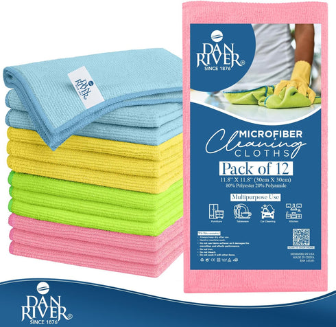 DAN RIVER Microfiber Cleaning Cloth - 12 Pack Economy Bundle - Soft, Absorbent Cleaning Rag - Microfiber Towels for Cars, Glasses, House, Windows, Kitchen - Assorted (11.8”x11.8”) by DAN RIVER