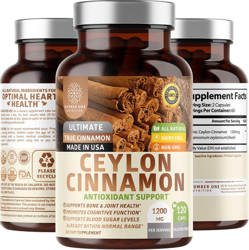 N1N Premium Ceylon Cinnamon 1200mg - 100% Organic Natural Supplement for Healthy Circulation, 120 Caps