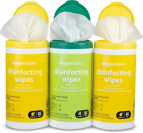 Amazon Basics Disinfecting Wipes, 255 Count (3 Packs of 85), Lemon & Fresh Scent, Cleans, Disinfects & Deodorizes