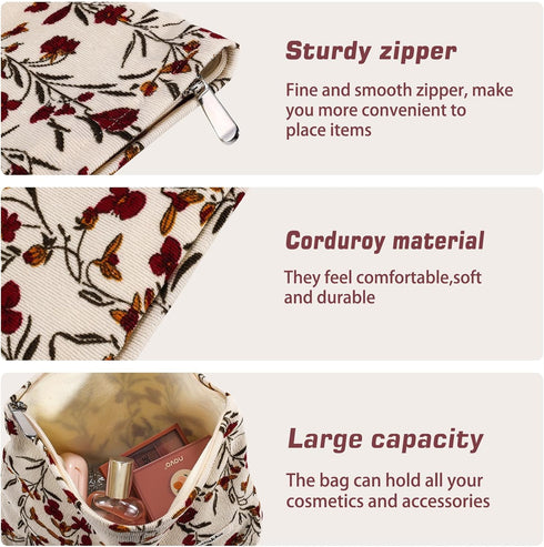 2Pcs Cute Floral Makeup Bag Set, Large Small Zipper Makeup Pouch for Women Girls, Aesthetic Portable Toiletry Bag (Red