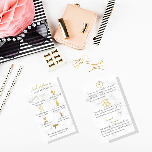 Lash Extension Aftercare Instructions Cards | 50 Pack | Double Sided 3.5 x 2" | Marble Look with Gold Icons Design