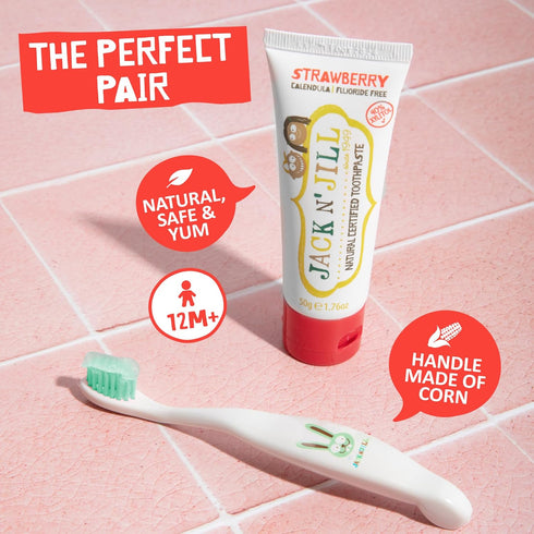 Jack N' Jill Tooth Buddy Combo Pack: Toddler Toothbrush & Strawberry Toothpaste Kit - Organic Fruit Flavor