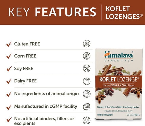 Himalaya Koflet Lozenges, Vanilla Chai Flavor, Natural Herbal Cough Drop, 130 mg, 20 Lozenge