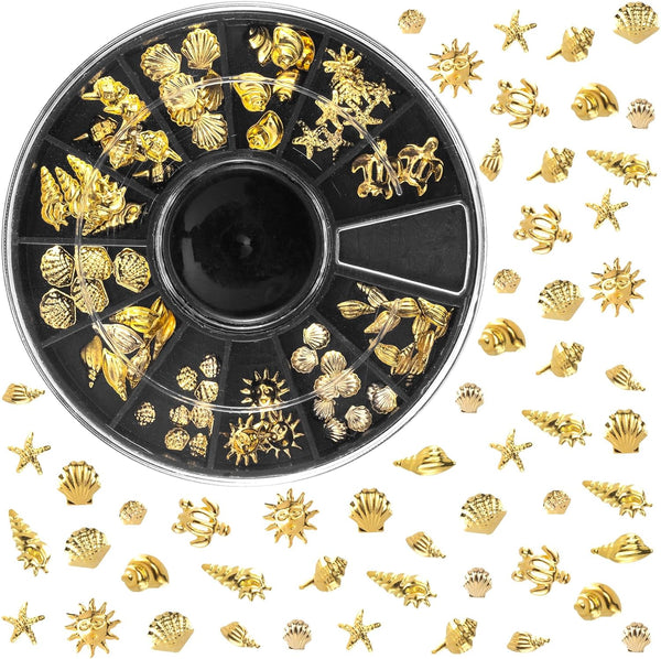 Ocean Theme Nail Art Charms - 3D Alloy Sea Beach Starfish Seashell Nail Gems Decoration Stickers, 12 Styles - Gold