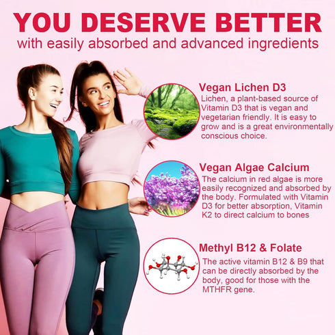 Sugar-Free Methylated Multivitamin for Women Gummies with Algae Calcium, Vitamin A, C, D3, E, K, B12, Iron, Biotin