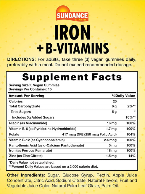 Sundance Iron Gummies | Plus B-Vitamins | 45 Vegan Gummies | Grape Flavor | Vegan, Non-GMO, and Gluten Free Supplement