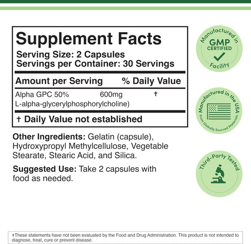 Alpha GPC Choline Brain Supplement for Acetylcholine - 60 Count, 600mg Servings, Focus Support