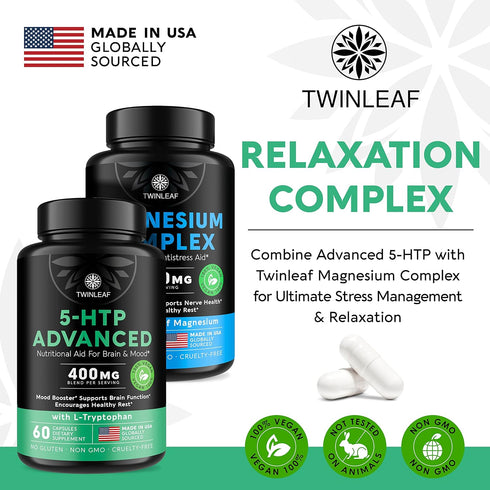 5 HTP Supplement for Mood Support - Made in USA - Natural 5-HTP & L-Tryptophan Capsules for Relaxation, 60 Vegan