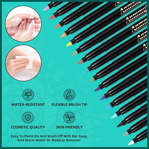 Temporary Tattoo Markers for Skin, 16-Count Body Markers + 77 Large Tattoo Stencils, Flexible Brush Tip, Skin-Safe