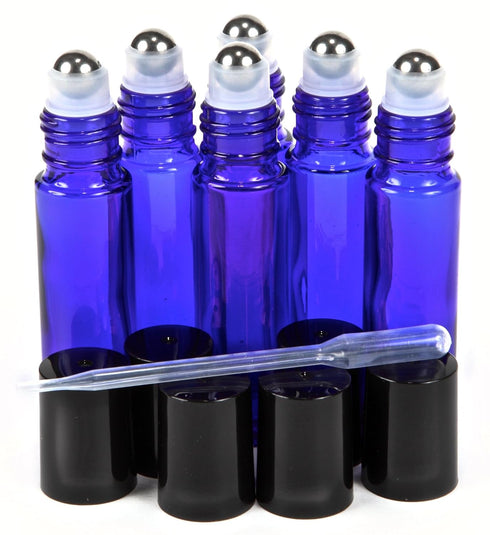 Vivaplex Cobalt Blue 10 ml Glass Roll-on Bottles, 6 Pack with Stainless Steel Roller Balls, .5 ml Dropper