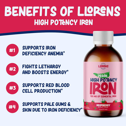 Llorens Liquid Iron Supplement, 100mg Polysaccharide Iron Complex, 6 oz - High Potency for Women & Adults, Raspberry