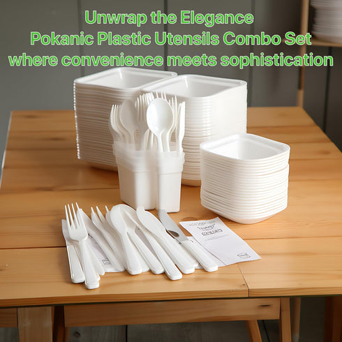 Heavy Duty Plastic Utensils Combo Set, Wrapped Silverware Variety Pack, 50 Disposable Forks, Spoons, Knives, Napkins,
