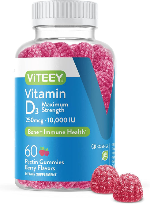 Vitamin D3 Gummies for Adults & Teens, 10,000 IU, 250mcg, Chewable for Joint & Muscle Health, Berry Flavor