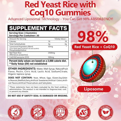 Oakevlp 2 Pack 10 3000mg Gummies,Organic 10 98% Liposomal Red Yeast Rice with Coq Red Yeast Rice Cholesterol Lowering