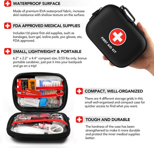 Mini First Aid Kit, 100 Pieces Water-Resistant Hard Shell Case for Travel, Outdoor, Home, Office