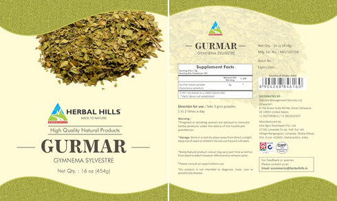 HERBAL HILLS Gurmar Powder (Gymnema sylvestre) | 16 Oz (454 GMS) | Helps Maintain Normal Glucose Levels