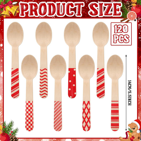 Uiifan 120 Pcs Christmas Disposable Wooden Spoons 5.5 Inches Striped Spoons with Red Stripes Candy Cane Patterns for Tasting Cake Hot Chocolate Coffee Ice Cream Christmas Wooden Cutlery, 8 Styles