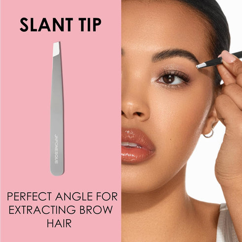 JAPONESQUE Slant and Point Tweezers Set, Hand-Sharpened Stainless, Ideal for Defining and Shaping Brows, Travel