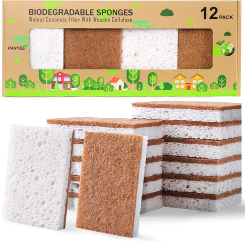 Biodegradable Natural Kitchen Sponge, Eco Friendly Compostable Cellulose Sponge with Coconut Walnut, Pack of 12