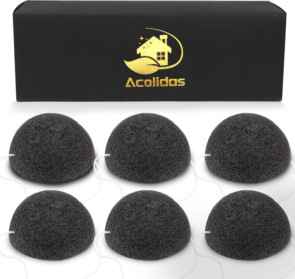 Konjac Organic Cleansing Exfoliating Facial Sponges Set - Natural Charcoal Face Sponge for Skincare