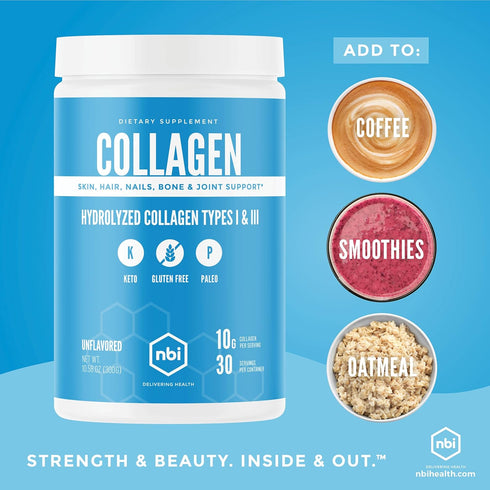 NBI Unflavored, Collagen Peptides Powder, Paleo- and Keto Friendly, Type I and III Hydrolyzed Collagen, Amino Acids