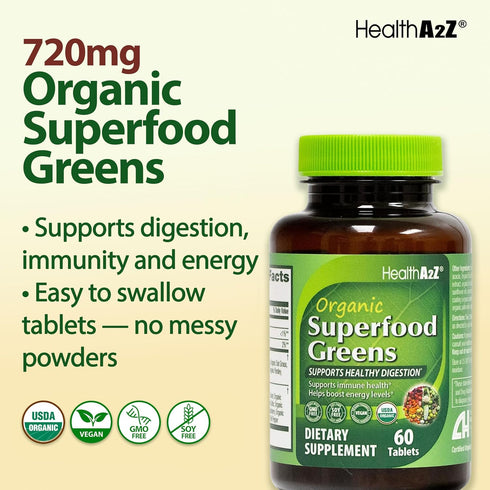 HealthA2Z 60 720mg 580mg Organic Superfood Greens | Tablets | Greens Blend | Fruits & Veggies Blend | Alfalfa