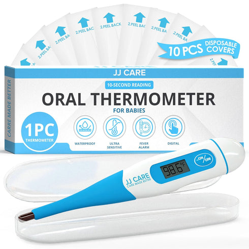 JJ CARE Oral Thermometer with LCD Display, Fast 10 Seconds Reading for Babies and Adults, Includes 10 Covers