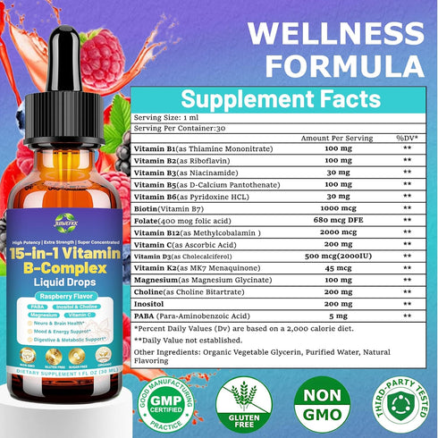 JUIWEFKK 15-in-1 B12 B6 B1 Advanced Vitamin B Complex Liquid Drops for Women Men & Kids, VIT B Complex with Vitamin C