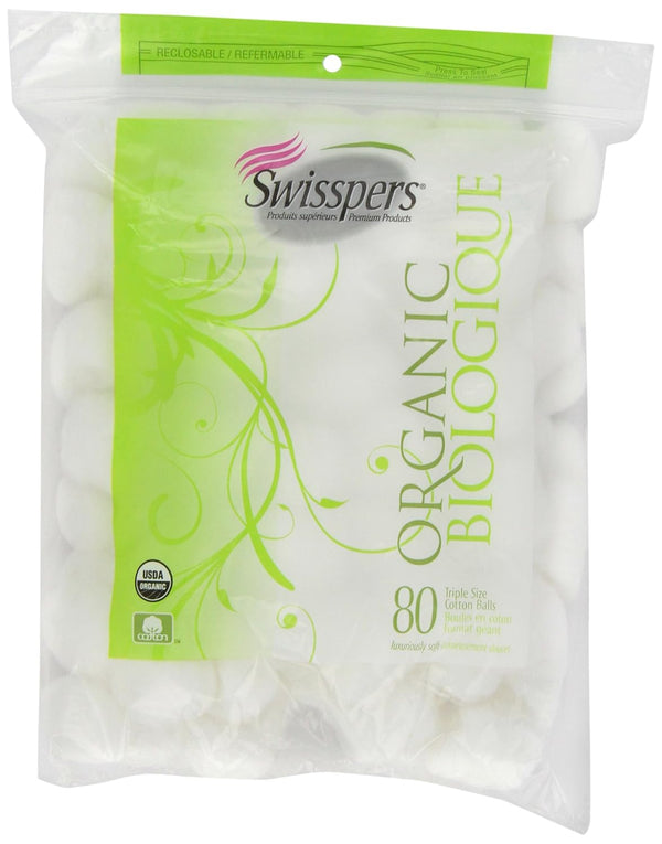Swisspers 100% Natural Organic Cotton Balls, 80-Count Bag