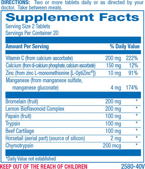 Bromelain Supplement for Soft Tissue Injuries - 40 Tablets - Vitamin C, Zinc, Citrus Bioflavonoids - Soft Tissue Support for Acute Injury Recovery - Zymain Proteolytic Enzymes, Minerals, Vitamins