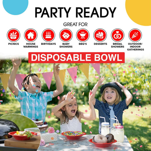 Exquisite Red 12 Oz Plastic Disposable Party Bowls, Large Soup Bowls for All Occasions, 50 Red Bowls Per Pack