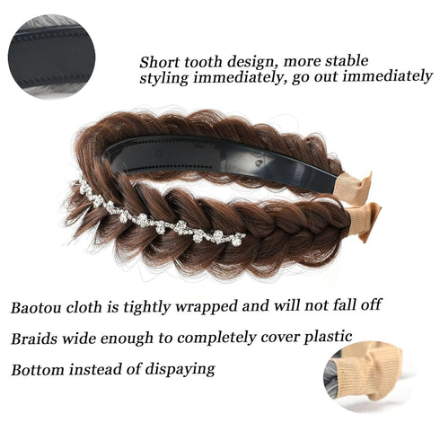 Wide Fishtail Braid Braided Headband, Crystal Deco Style Messy Hoop Elastic Non-slip Band for Women and Girls