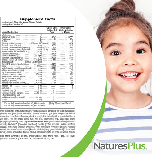 Natures Plus Animal Parade Sugar-Free Children's Multivitamin, Assorted Flavors, Pack of 2, 90 Chewable Tablets
