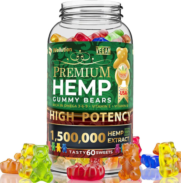 WELLUTION Hemp Gummies 1,500,000 XXL High Potency, Fruity Gummy Bear with Hemp Oil Supplements