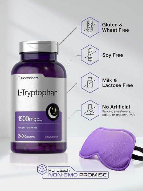 Horbaeach L Tryptophan 1500mg Capsules | 240 Count | Non-GMO, Gluten Free Nighttime Formula Supplement