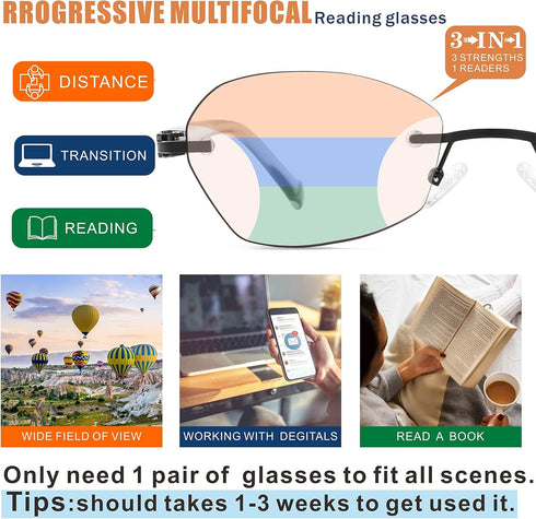 Rimless Multifocus Reading Glasses Women Progressive Multifocal No Line Bifocal Reader Blue Light Computer Eyeglasses