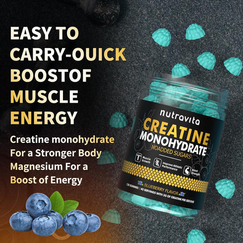 Creatine Monohydrate Gummies, 5g Per Serving, Sugar Free, Vegan, Blueberry Flavor, 120 Count