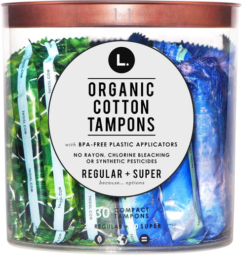 L. Organic Cotton Regular and Super Absorbency Compact Tampons, Multipack, 30 Count.