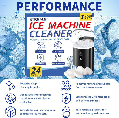 STREALE 24 Countertop Commercial Ice Machine Cleaner Maker and Descaler - Ice Maker Cleaner Tablets Compatible with All