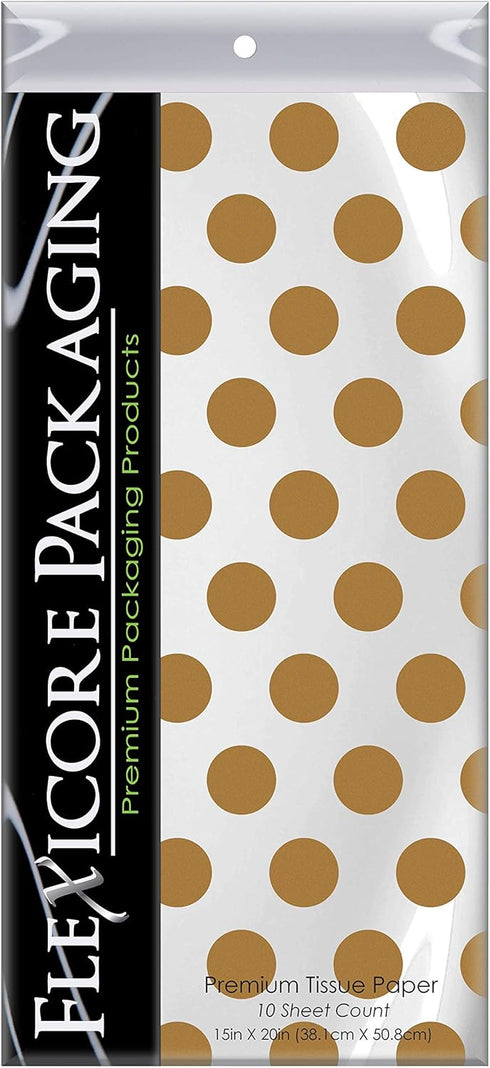Flexicore Packaging | Metallic Gold Polka Dot Gift Wrap Tissue Paper | Size: 15 Inch X 20 Inch | Count: 100 Sheets | Color: Gold | DIY Craft, Art, Wrapping, Decorations